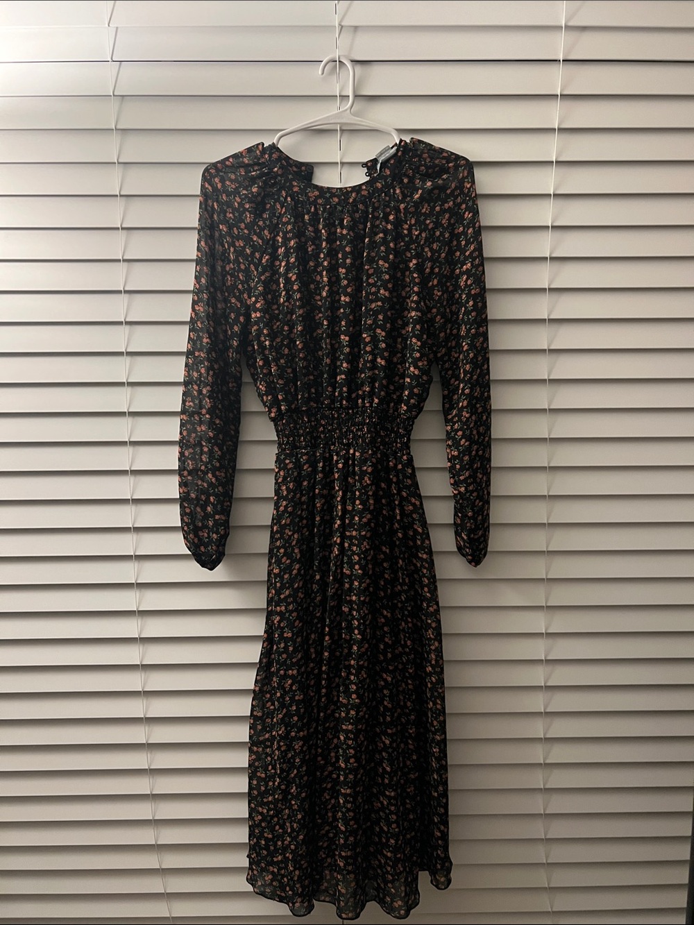Floral Long Sleeve Midi Dress - Black with Peach Floral Print